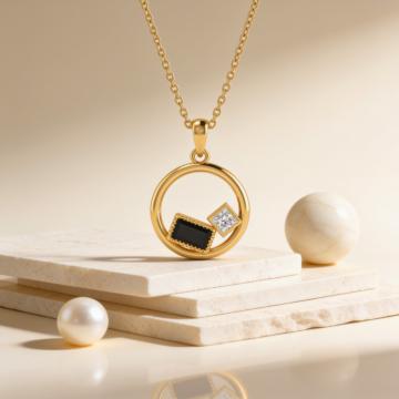 Classic Gold Circular Pendant with Black Onyx