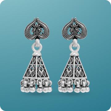 Exotic Trapezoidal Beaded Silver Jhumka Earrings