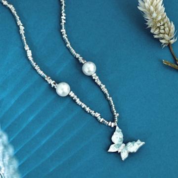 Pearl Accent Butterfly Silver Necklace