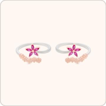 Vibrant Pink Flower Silver Toe Rings