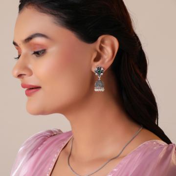 Amazing Emerald Stone Silver Jhumka Earrings