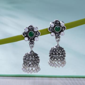 Amazing Emerald Stone Silver Jhumka Earrings