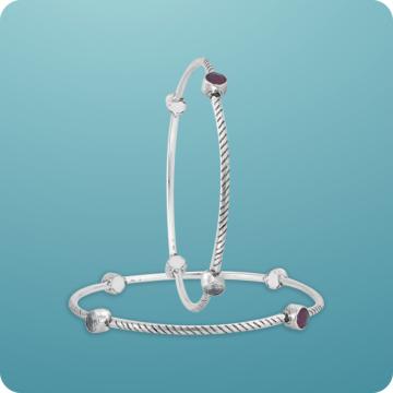 Subtle Sophistication White and Red Stone Silver Bangles