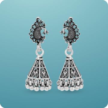 Exceptional Peacock Beaded Silver Jhumka Earrings
