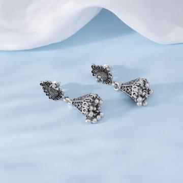 Exceptional Peacock Beaded Silver Jhumka Earrings