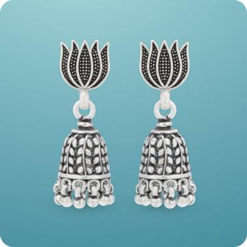 Vivid Lotus with Dancing Leaf Beaded Silver Jhumka Earrings