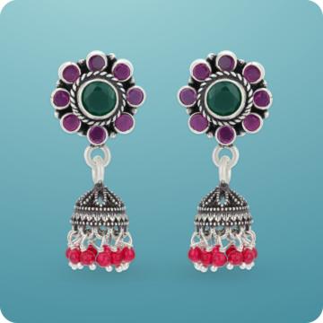 Floral Motif Red Beads Silver Jhumka Earrings