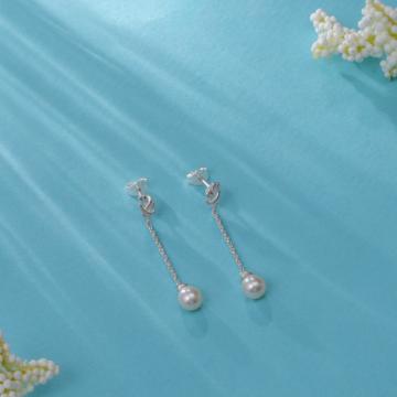 Sleek Cross Knot Pearl Drop Silver Earrings