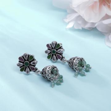 Ethnic Floral Pearls Silver Earrings
