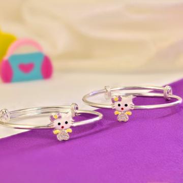 Cute Kitty Style Character Kids Silver Bangles