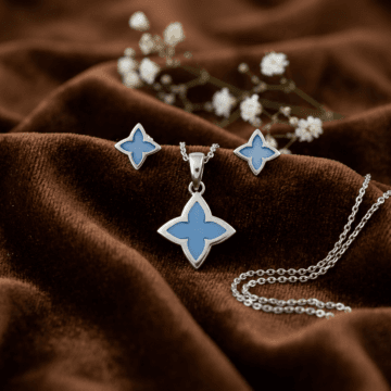 Delicate Blue Petal Silver Pendant & Earrings Set
