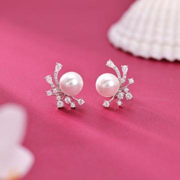 Elegant Veinwork Pearl Silver Stud Earrings