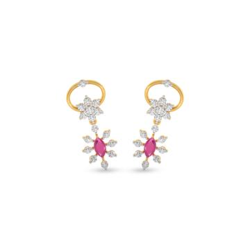 Dazzling Oval Flower With Red Stone Diamond Earrings