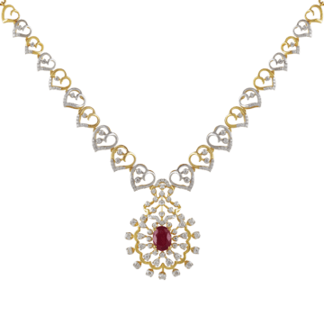Lovely Red Stone Heart Shaped Dual Tone Diamond Necklace-EF IF VVS-18kt Rose Gold