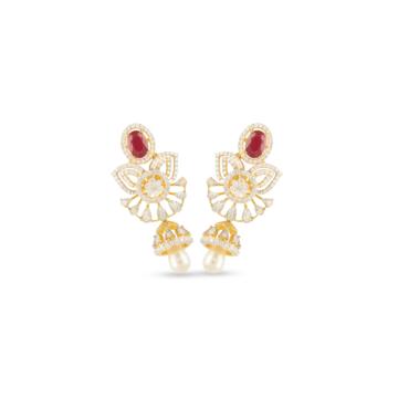 Contemporary Ruby Floral with Pearl Drop Diamond Earrings-EF IF VVS-18kt White Gold