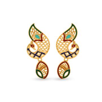 Glorious Enamel Coated Peacock Gold Earrings