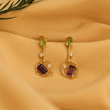 Vibrant Hexagonal Gold Drop Earrings