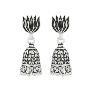 Vivid Lotus with Dancing Leaf Beaded Silver Jhumka Earrings